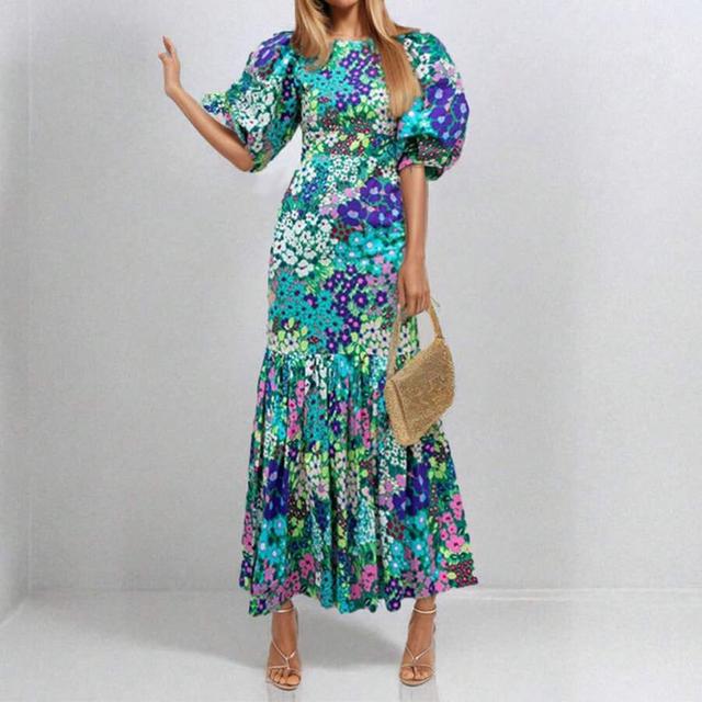 floral print puff sleeve midi dress