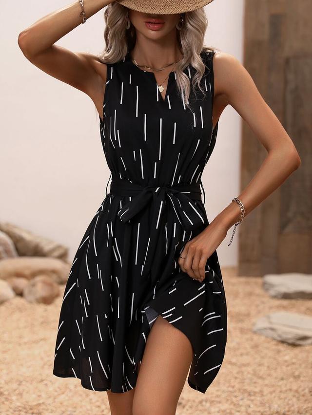 striped print notched neck belted dress
