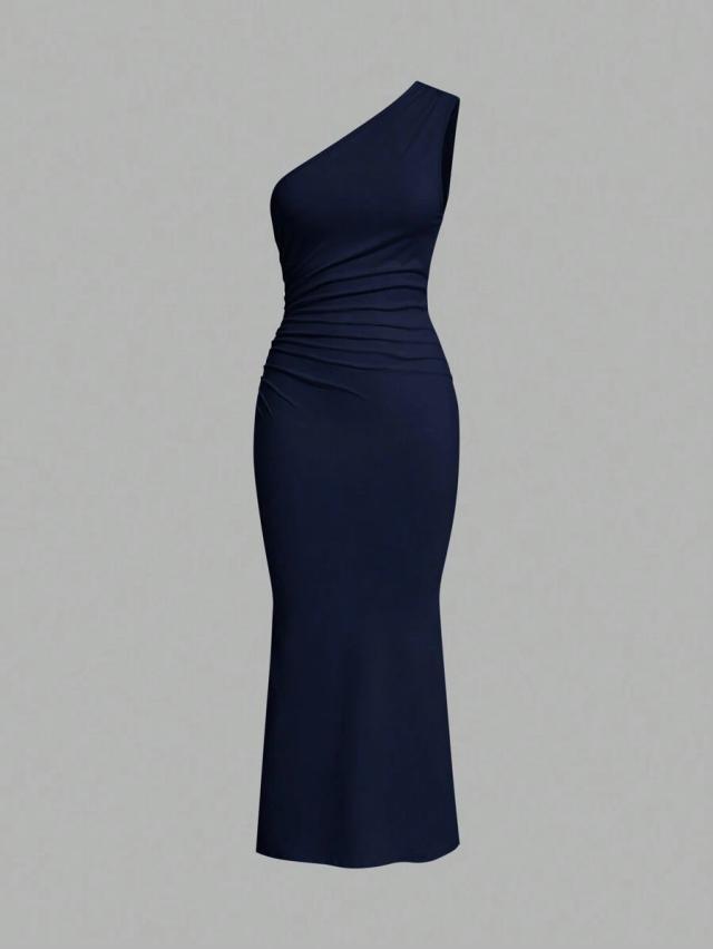 elegant navy asymmetrical shoulder ruched mermaid dress
