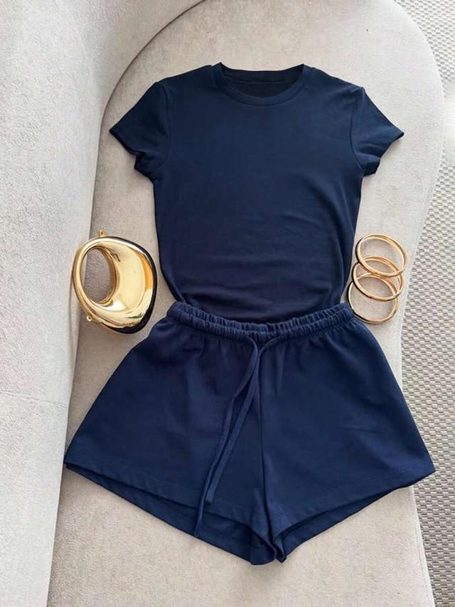 navy blue short sleeve t-shirt and drawstring shorts set