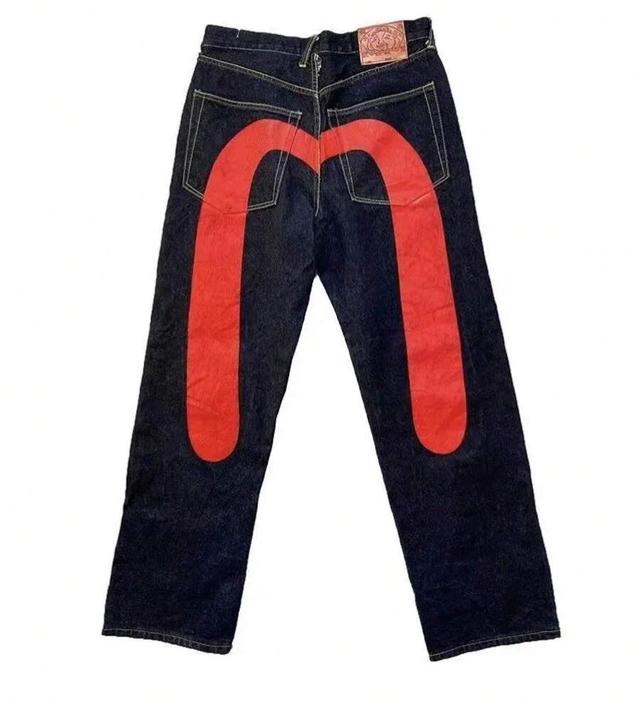 red straight leg jeans with artistic dice print design