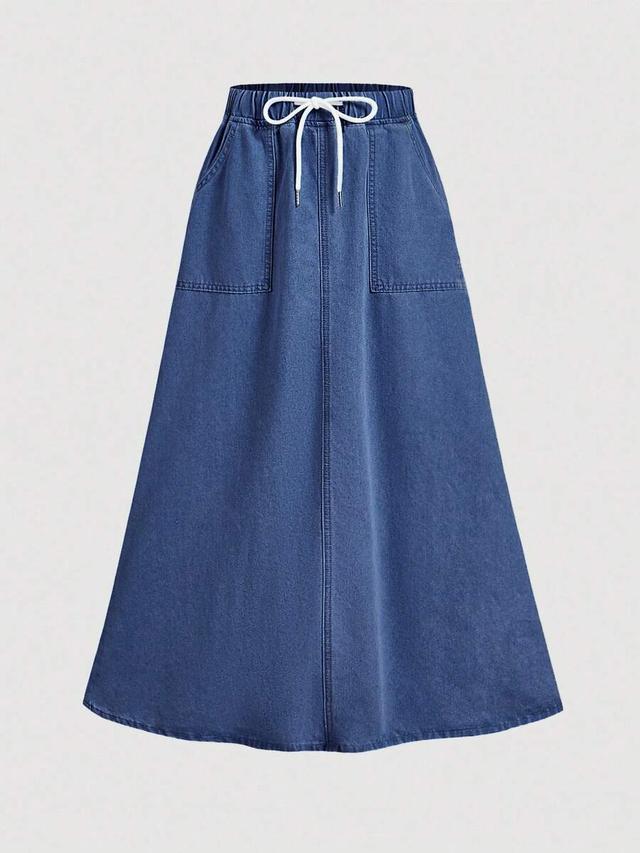 blue denim midi skirt with drawstring waist