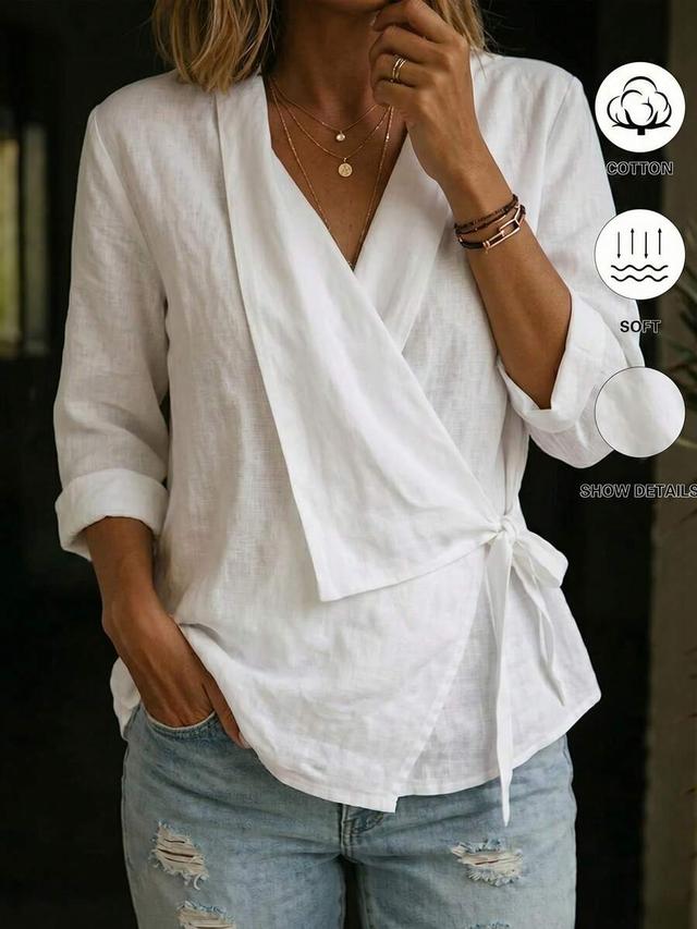 white cotton wrap design three-quarter sleeve shirt