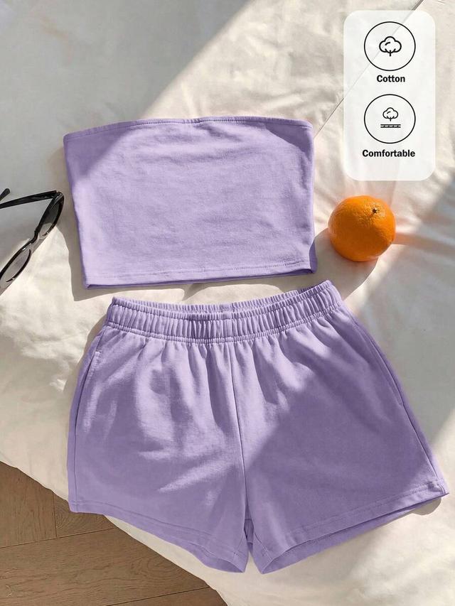 casual solid purple cotton knit camisole and shorts set
