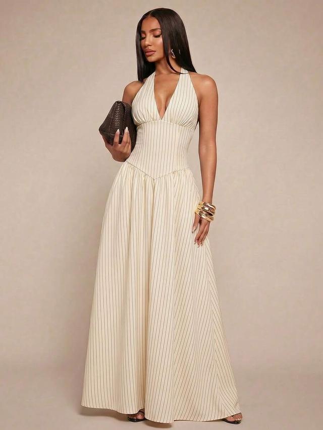 elegant red and white striped halter maxi dress