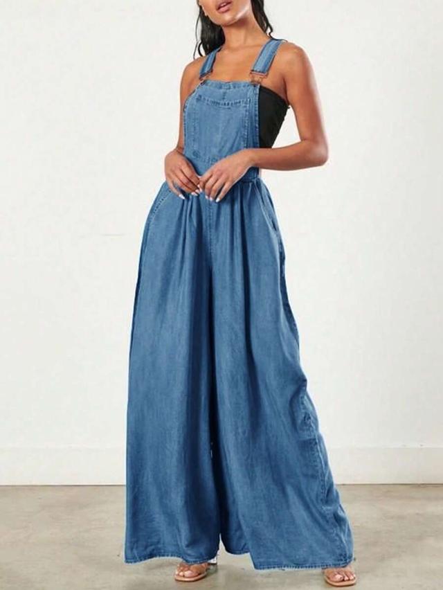 denim back strap wide leg jumpsuit