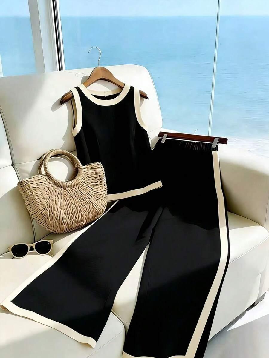 elegant solid color contrast trim tank top
