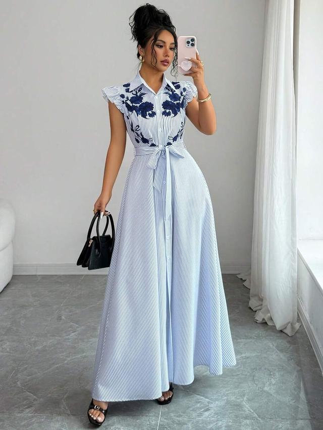 navy blue floral striped button down maxi dress