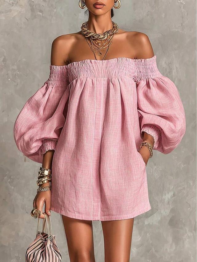pink off-shoulder linen blend puff sleeve mini dress