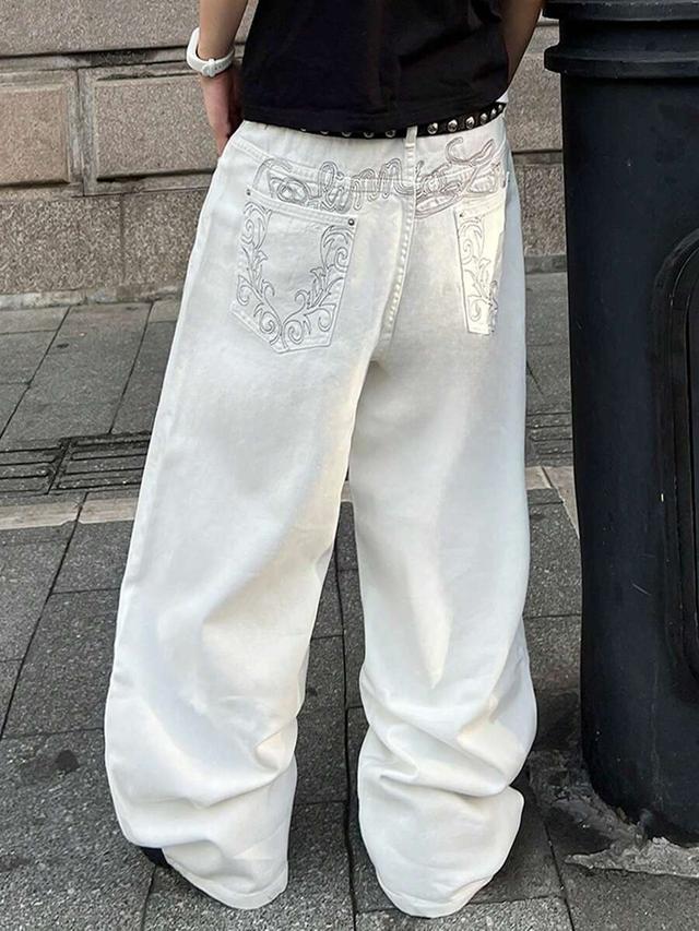 white embroidered baggy wide-leg vintage washed jeans