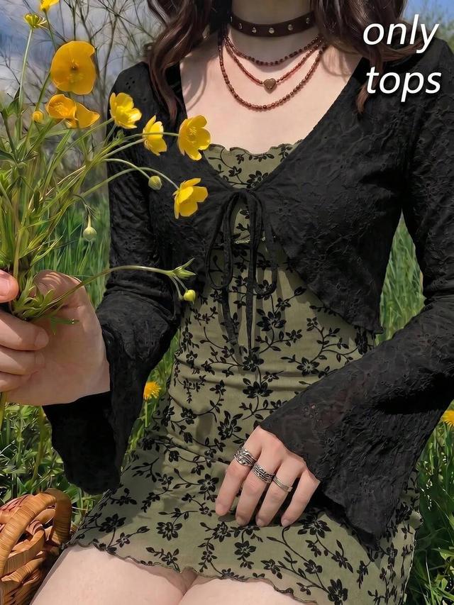 black lace v-neck cropped bell sleeve tie-up cardigan