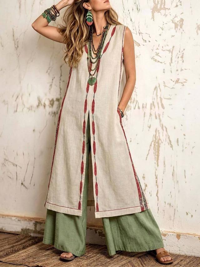 casual sleeveless khaki tank and green wide-leg pants set