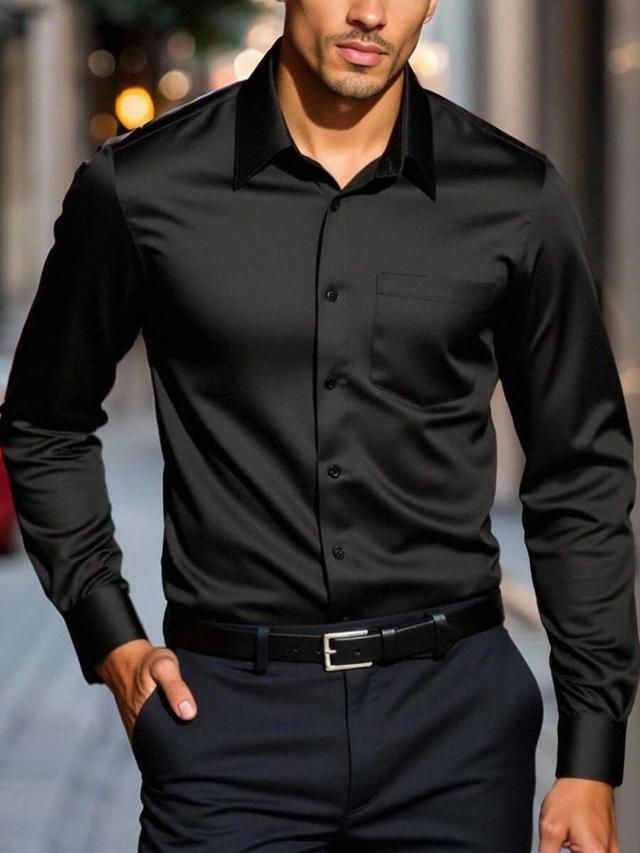 black satin button down long sleeve dress shirt