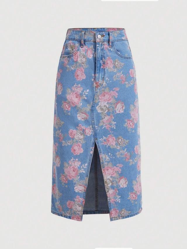 floral pattern denim midi skirt with front slit