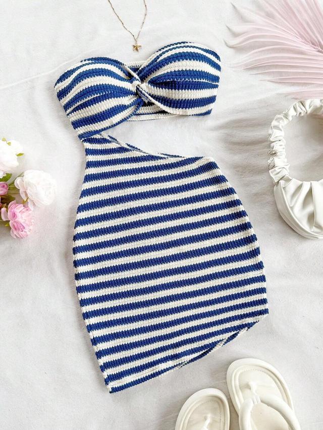red and white striped knit jacquard mini dress
