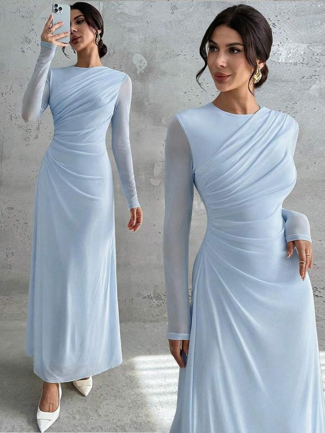 firerie women's elegant vintage mesh baby blue pleated dress