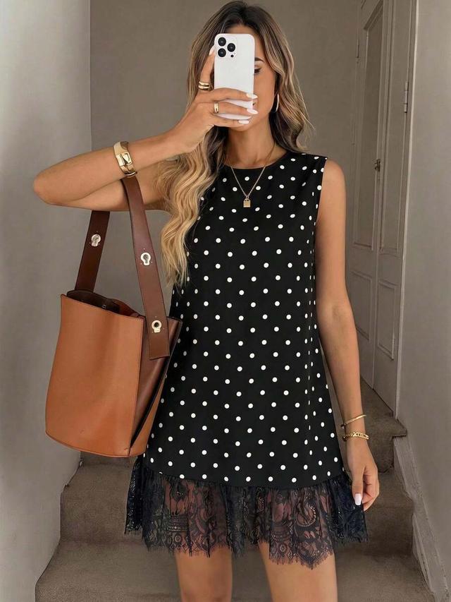 polka dot sleeveless mini dress with lace hem