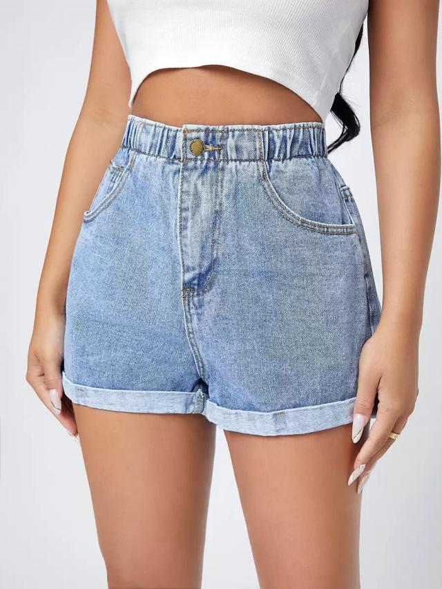 light wash denim elastic waist cuffed shorts