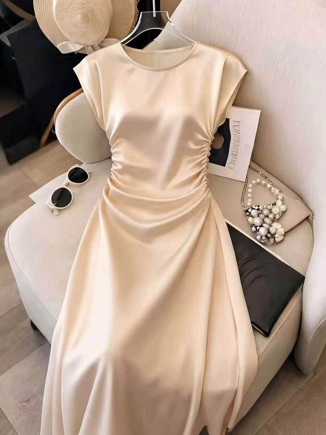 elegant champagne satin tie-waist midi dress