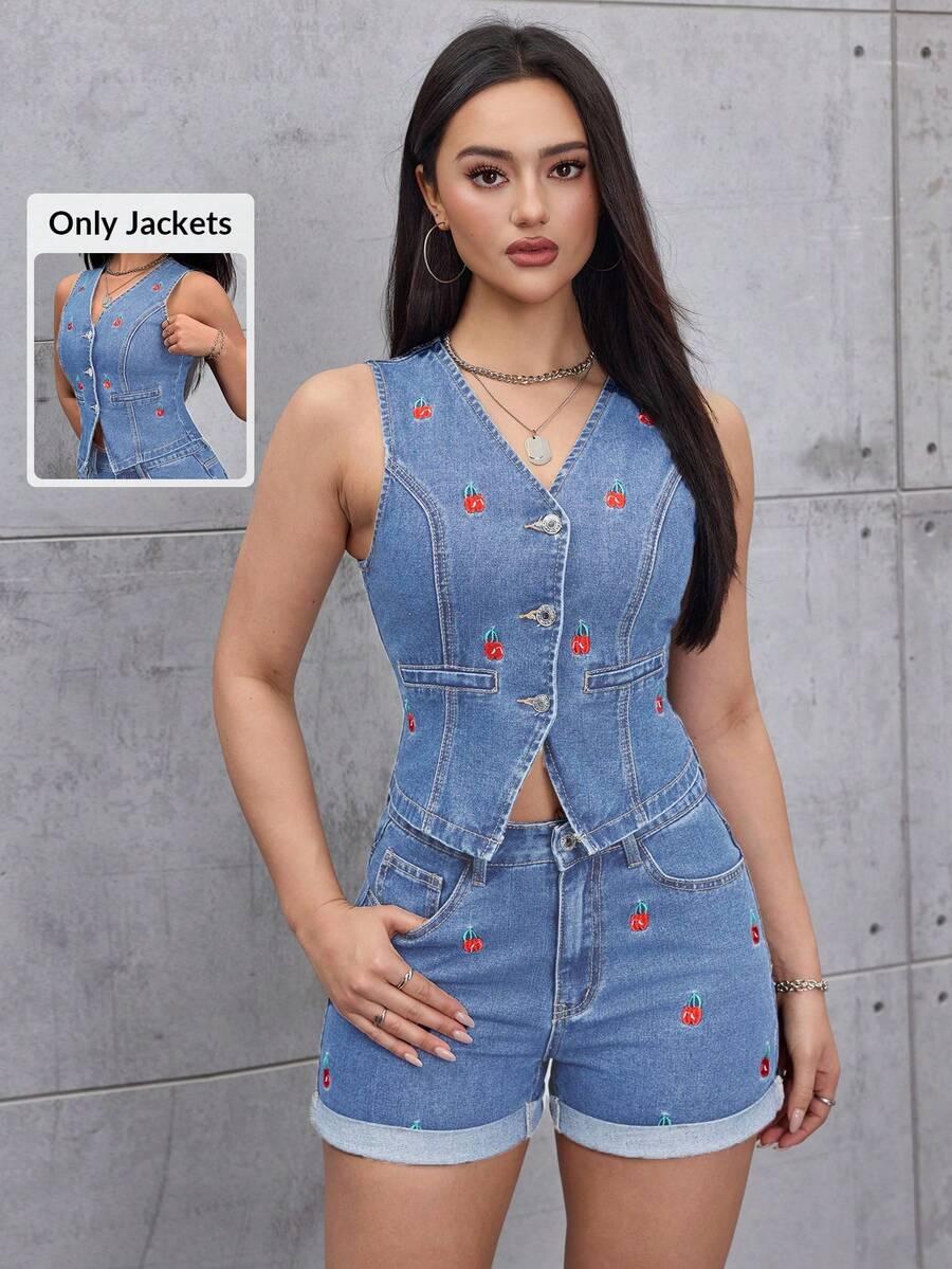 denim embroidered denim vest