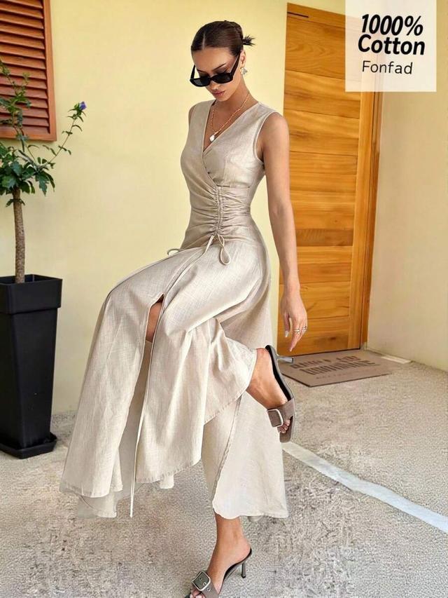 light beige cotton linen v-neck sleeveless wrap dress