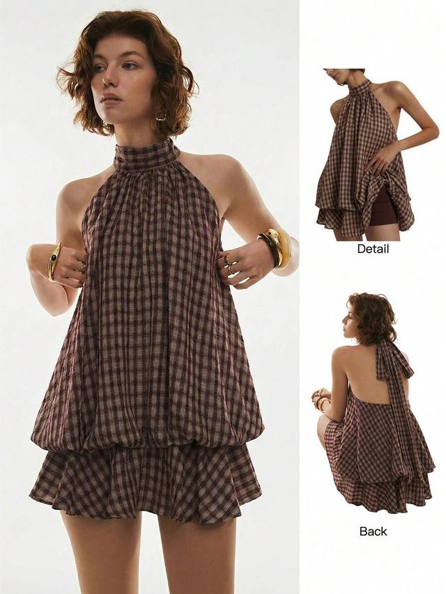 plaid ruffle hem halter neck short dress