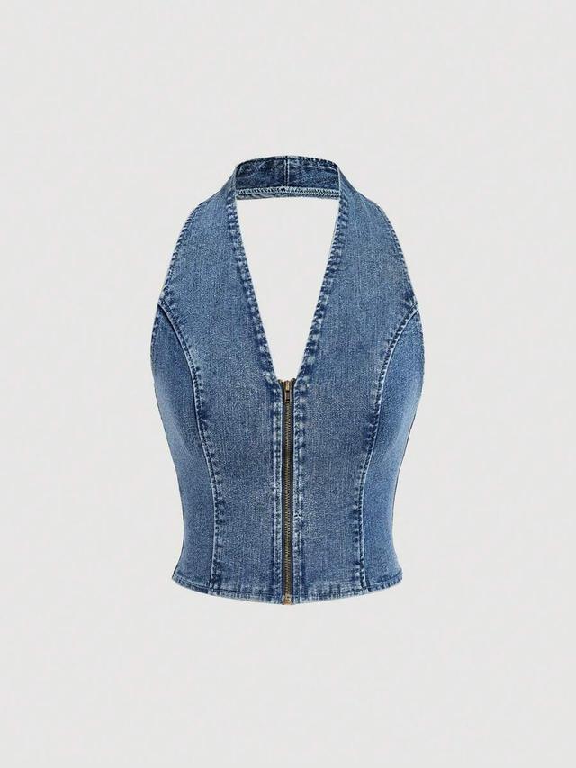 zip front halter neck denim top