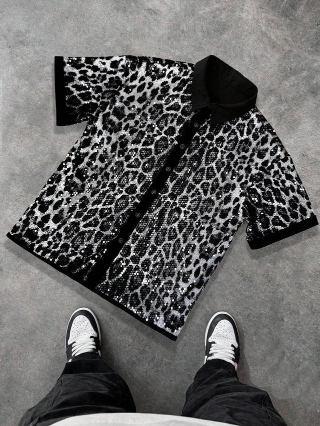 men's shiny sequin embellished leopard print luxury shirt