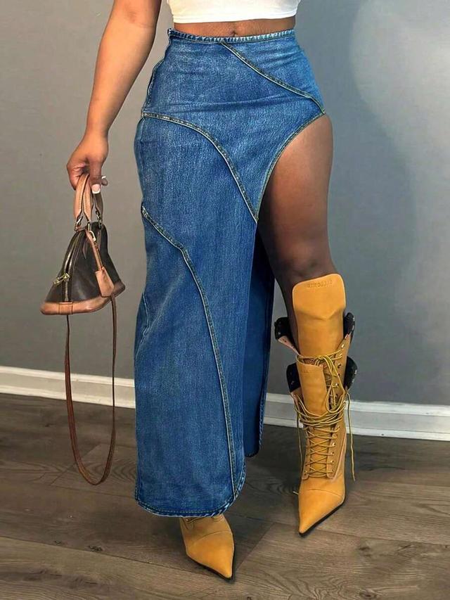 women's tight denim skirt with asymmetrical slit