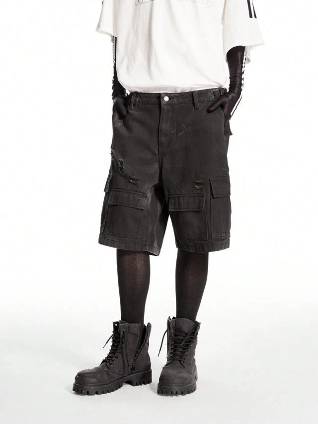 chillumni black distressed vintage washed loose denim shorts