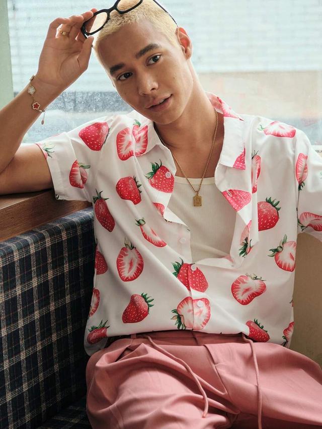 white short sleeve shirt with digital strawberry print