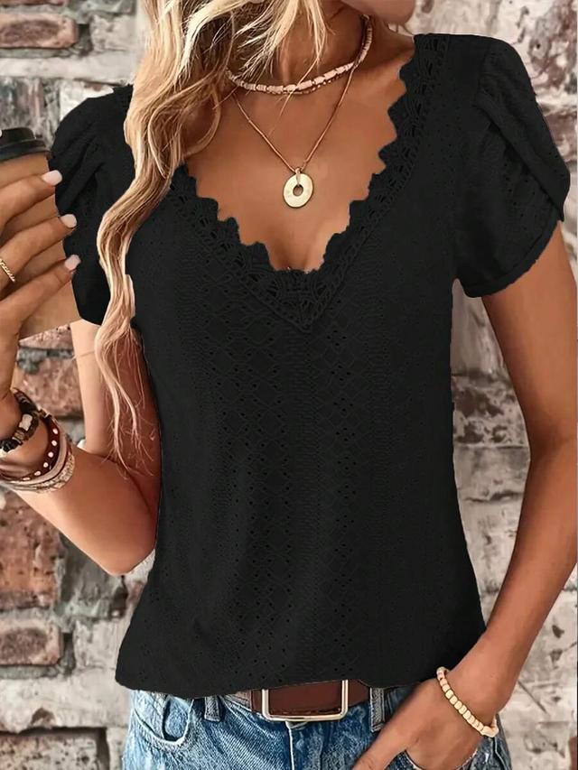 women's solid color lace panel v-neck floral petal blouse