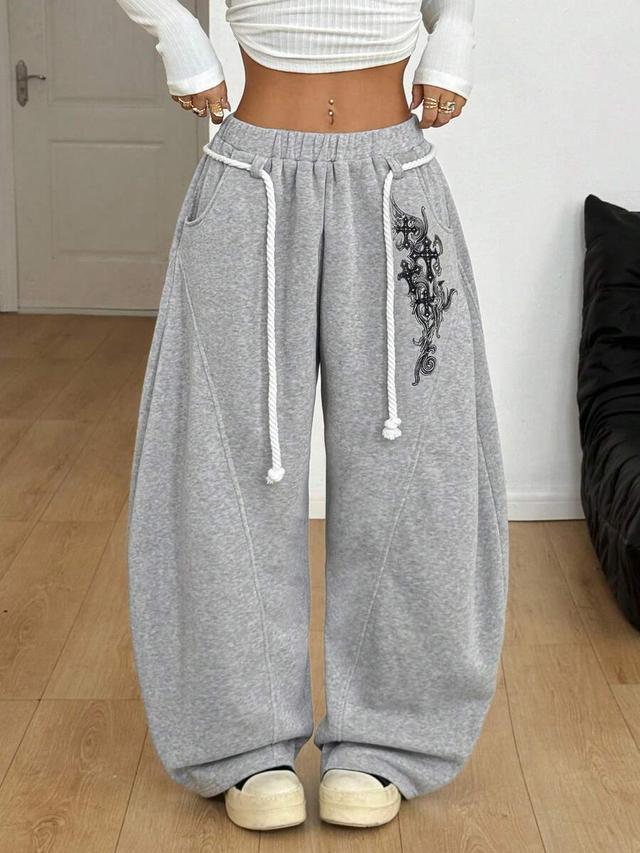 grey graphic print elastic waist wide leg pants
