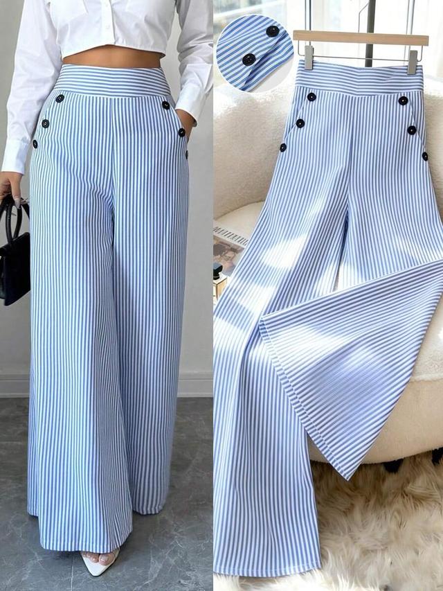 women's elegant blue and white stripe linen trousers