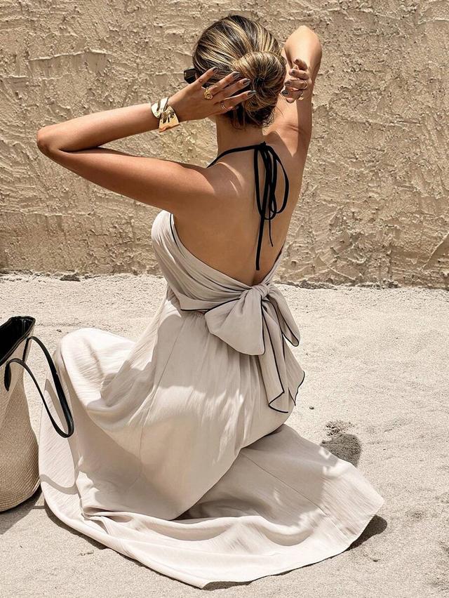 beige backless v-neck maxi beach dress