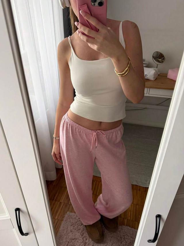 pink drawstring waist straight leg casual sweatpants