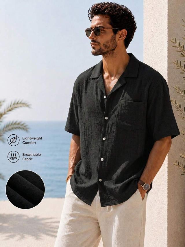 black loose fit faux linen vacation shirt