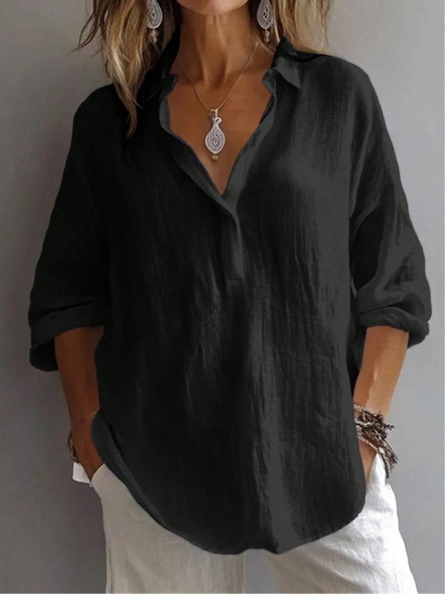 women's solid black casual long sleeve bishop shirt