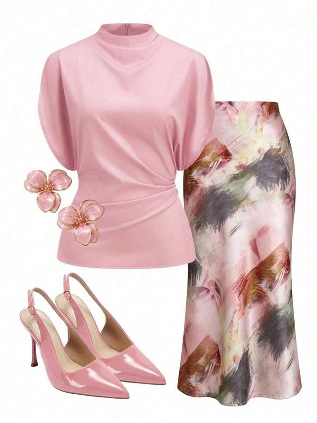 pink floral stand collar batwing blouse and mermaid skirt set