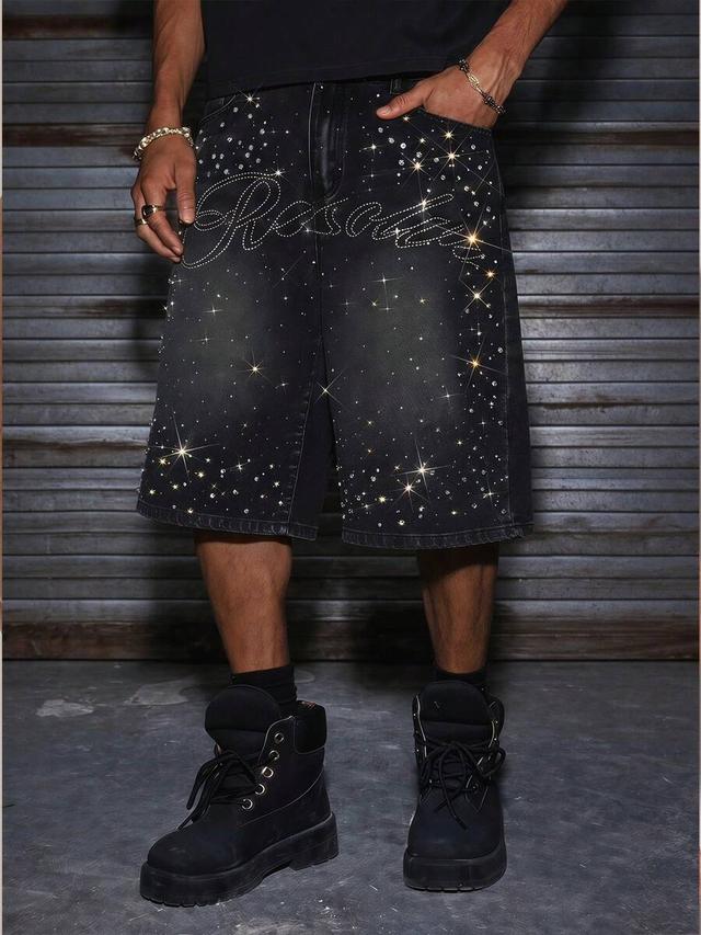 axepeak men's black denim shorts with rhinestone embellishments