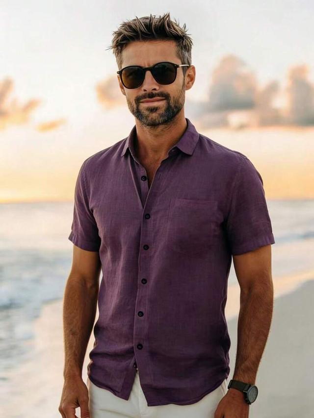 men's solid purple linen short sleeve casual shirt