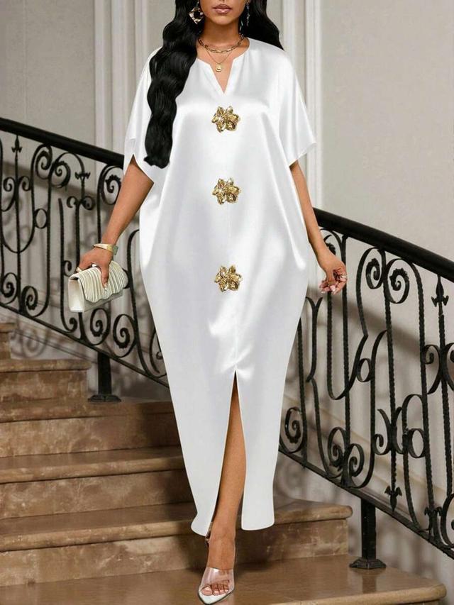 elegant white satin midi dress with floral buttons