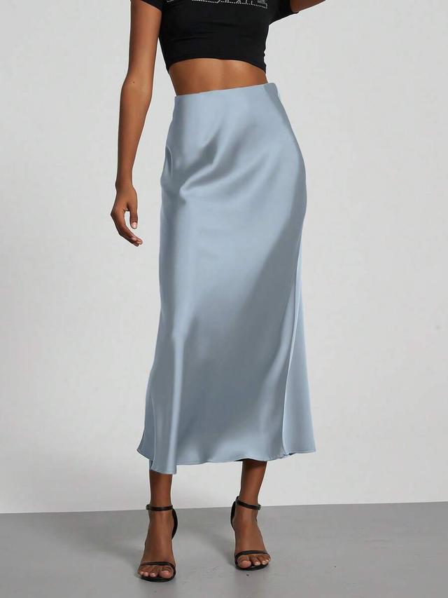light blue satin elastic waist midi skirt
