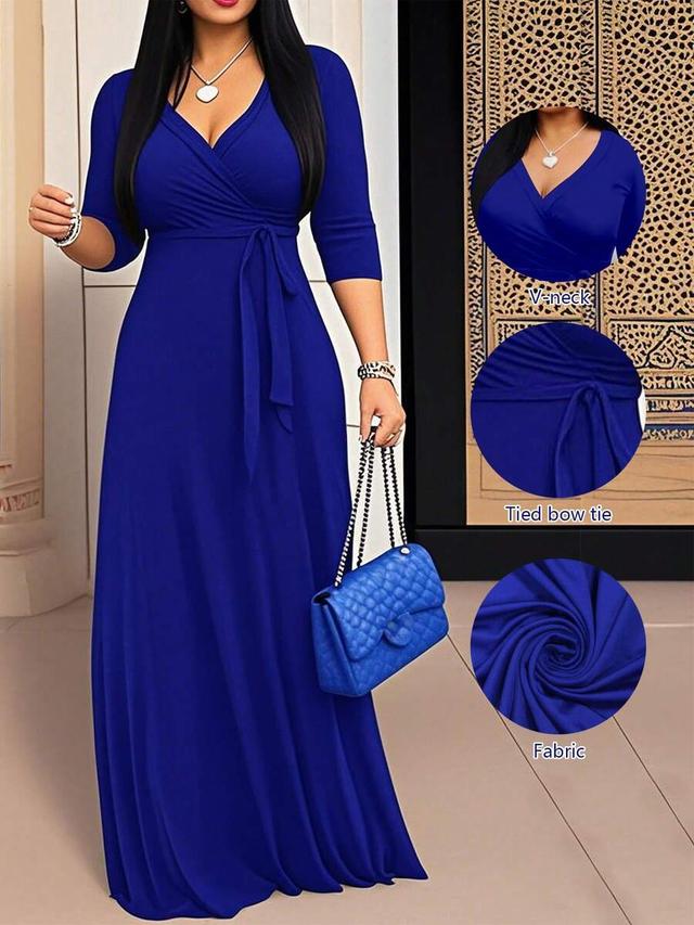 v-neck cinched waist extra long blue dress