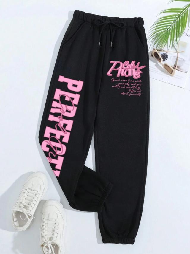 black slogan graphic drawstring waist sweatpants