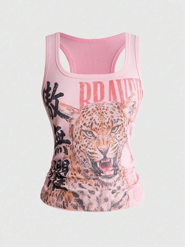 pink ribbed tank top with leopard and chinese print