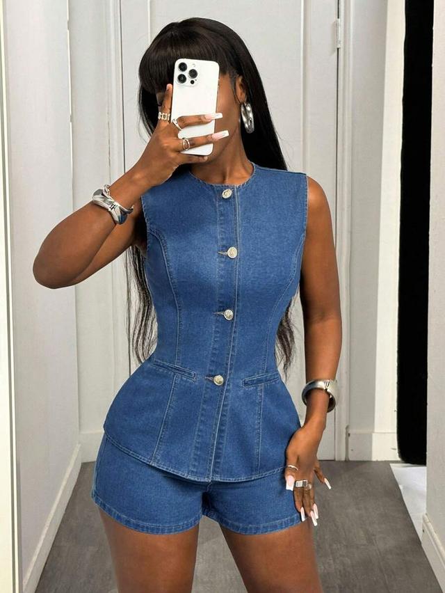 sleeveless denim button-up vest and matching shorts set