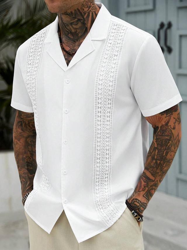 white jacquard lace crochet cuban collar shirt