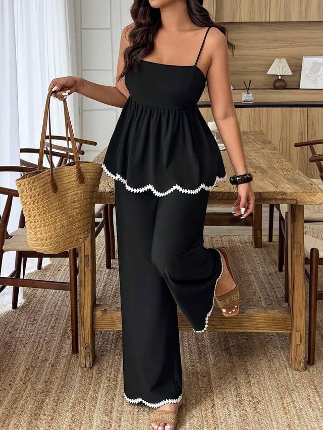 ruffled contrast crochet camisole and wide leg pants set