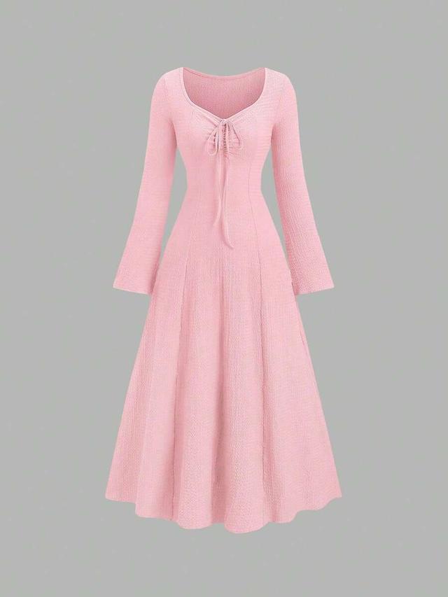 pink sweetheart collar long sleeve textured casual dress